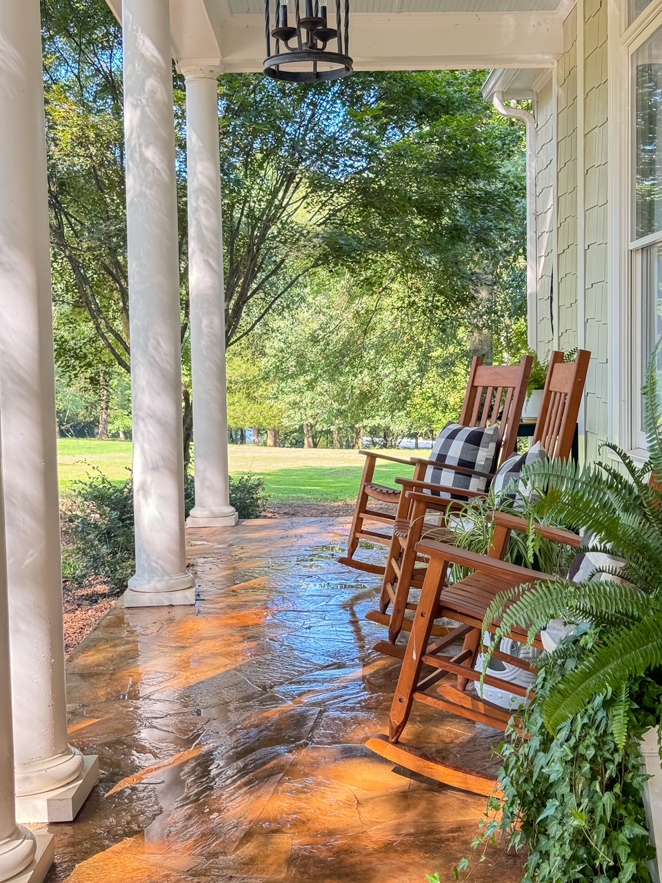 front porch rockers at dusk