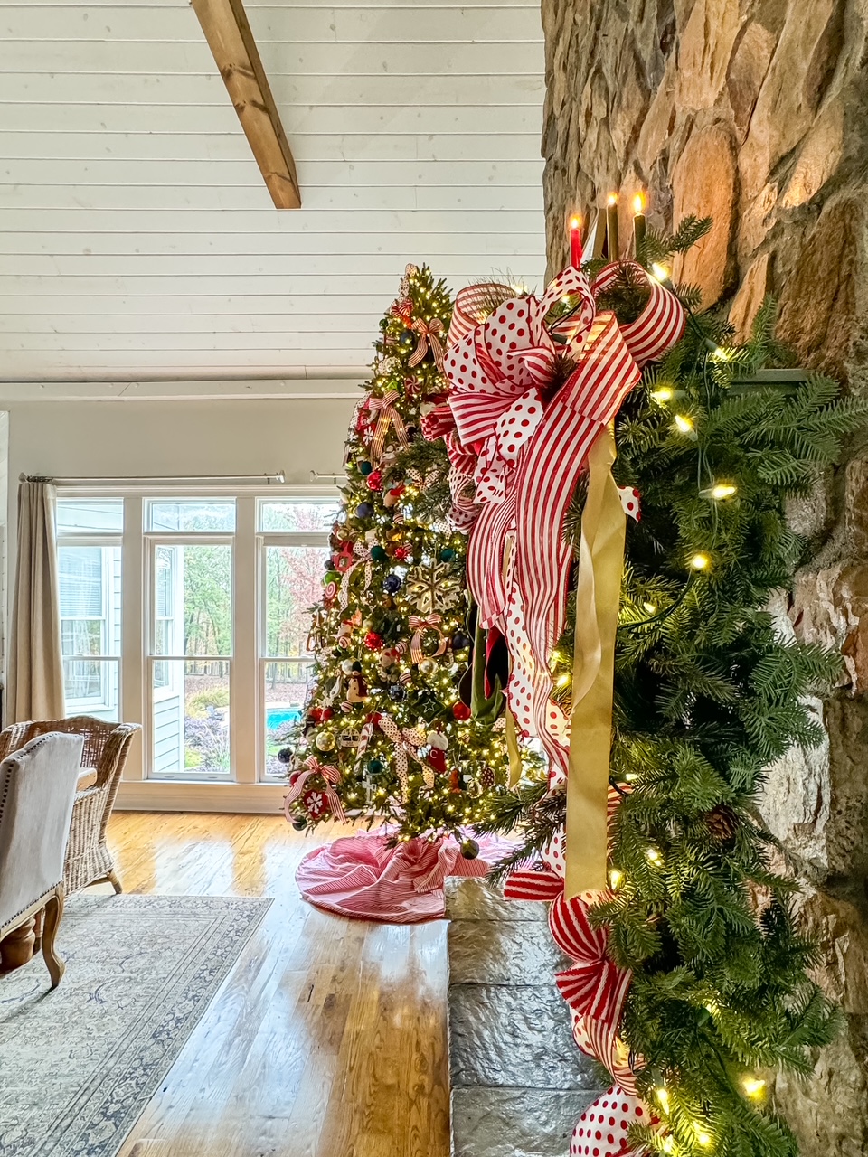 tree and mantel in traditional classic red color