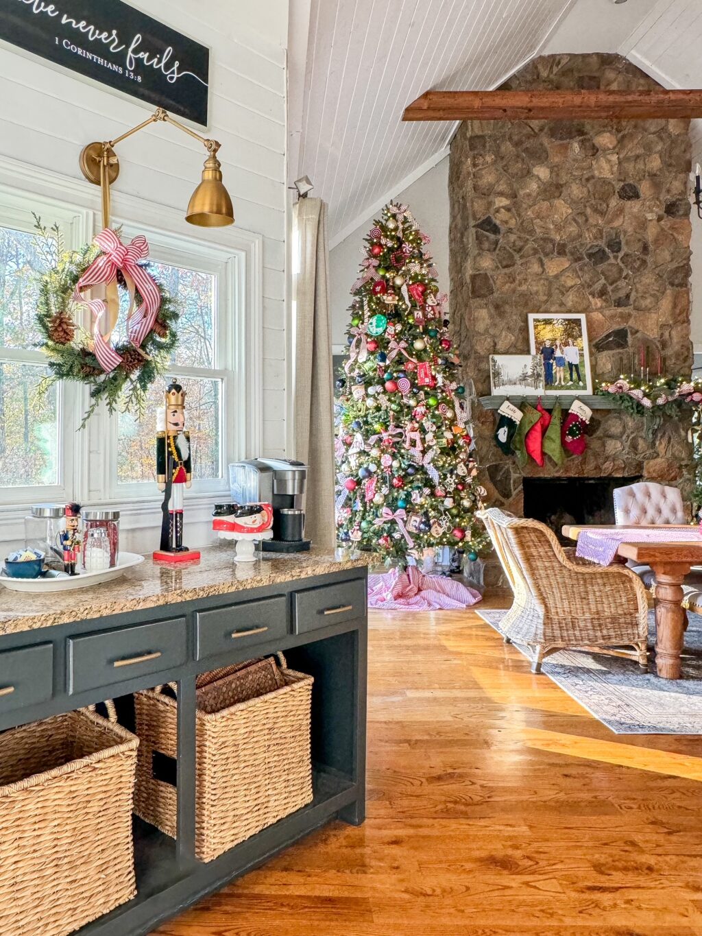 coffee bar with nutcrackers and wreath with red ribbon