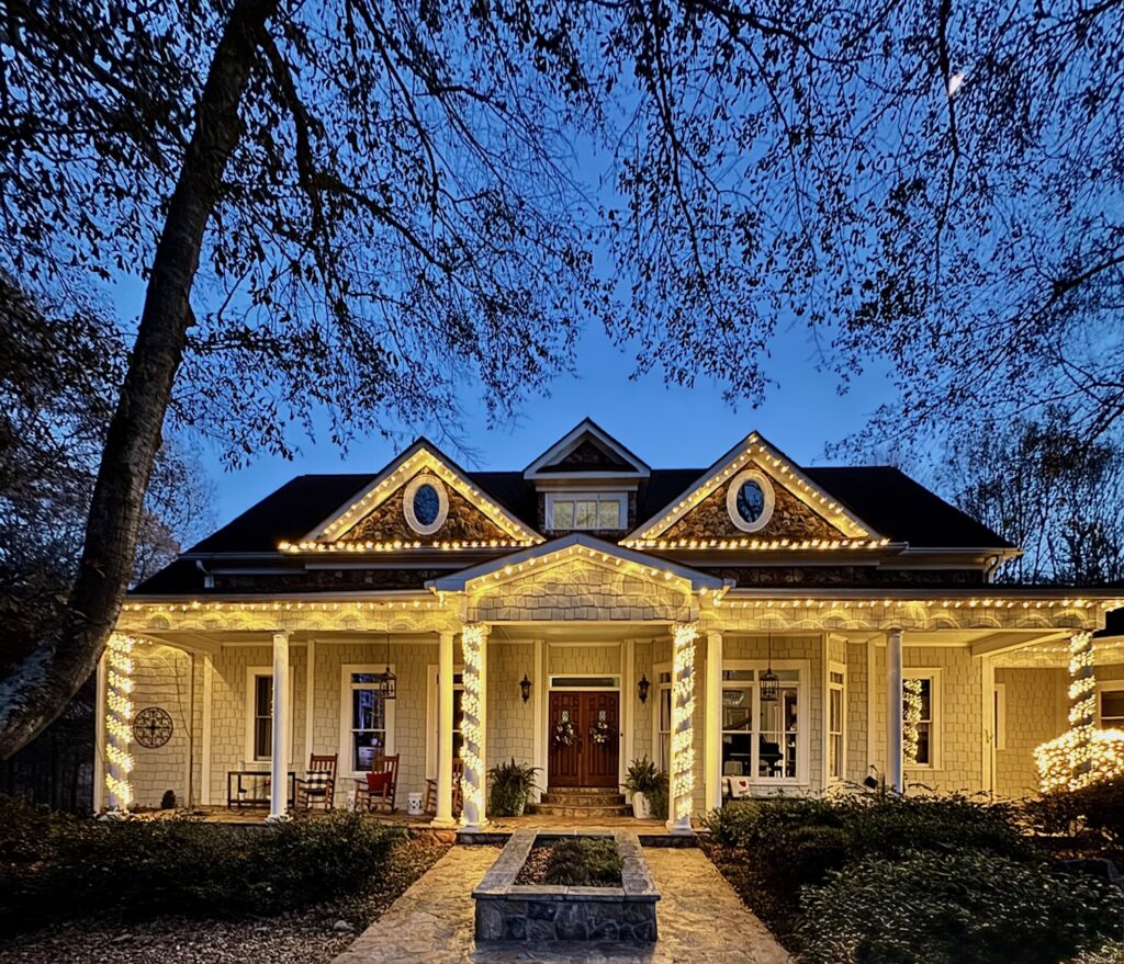 front view of house with holiday lights 