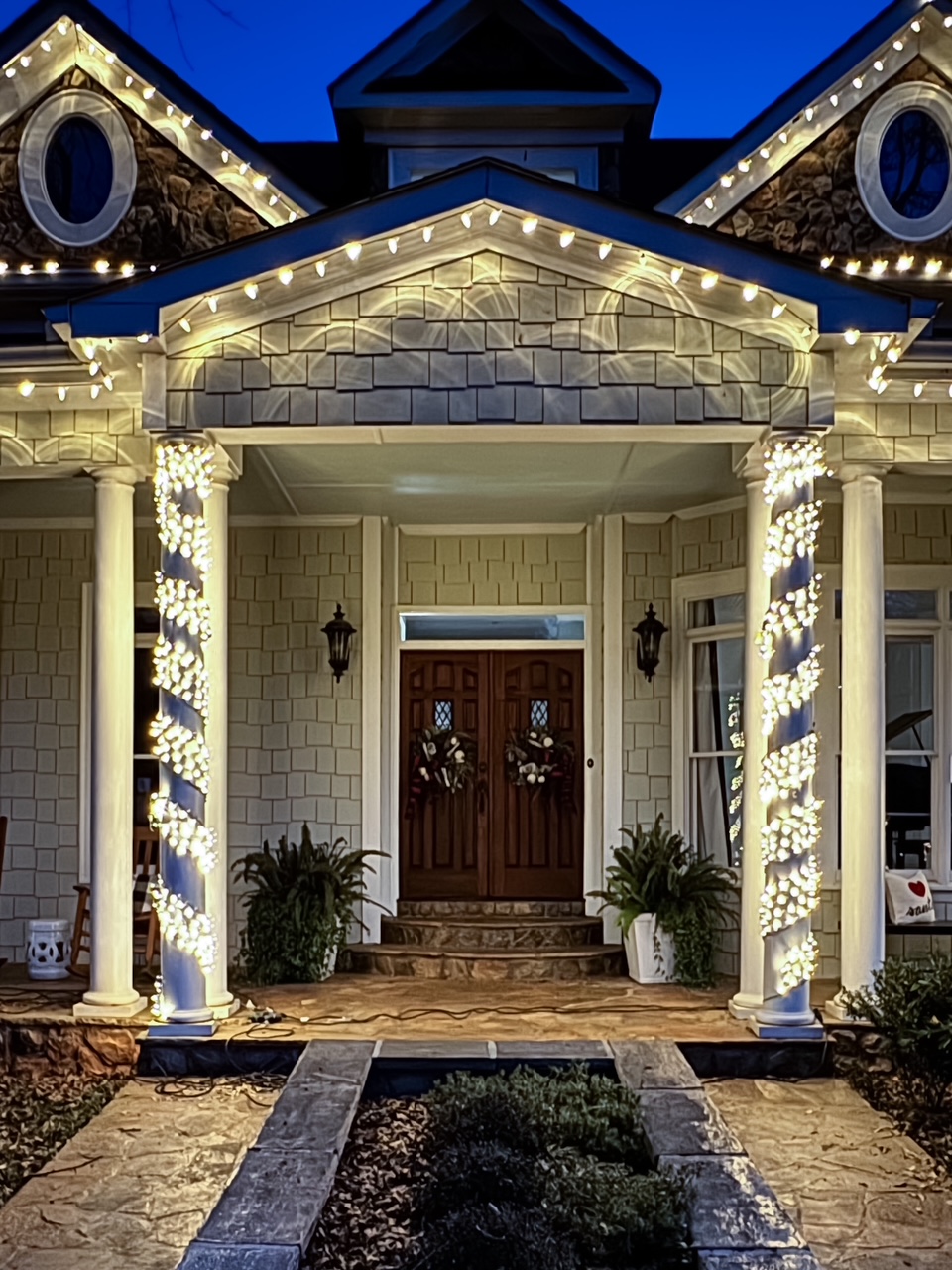 holiday lights around front door