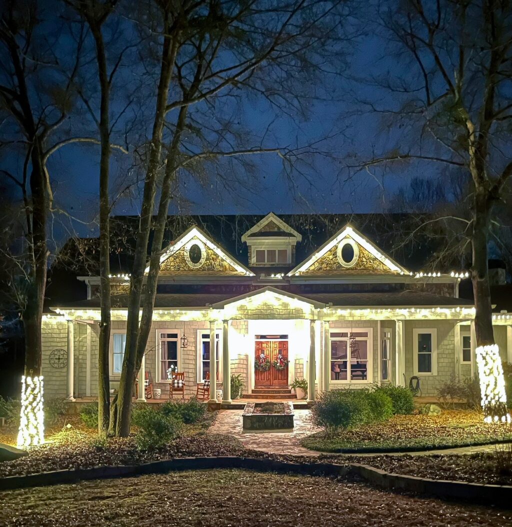 house with white holiday lights