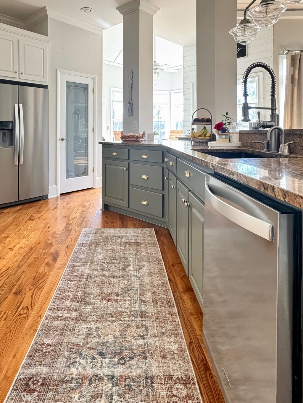 side view of kitchen island and kitchen runner